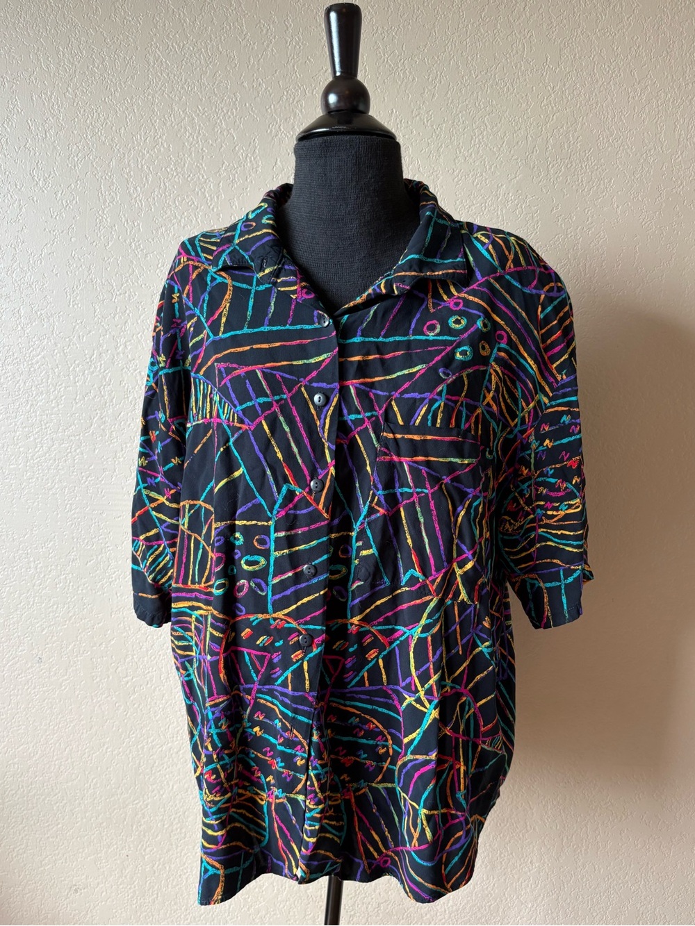 Vintage Touche L.A. Button Down Black Neon Pattern Short Sleeve Blouse 80s 90s
